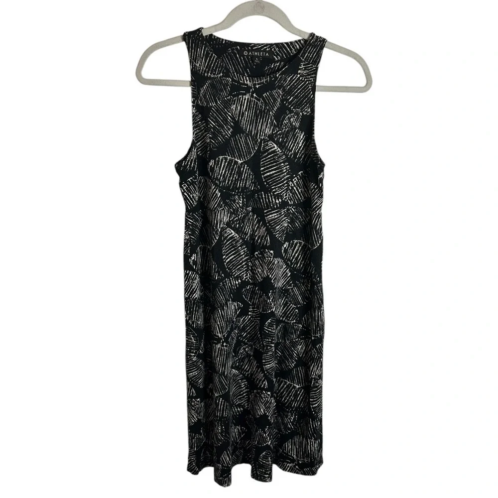 Athleta Black Palm Leaf Santorini Printed High Neck Dress Modal Blend Womens Sml